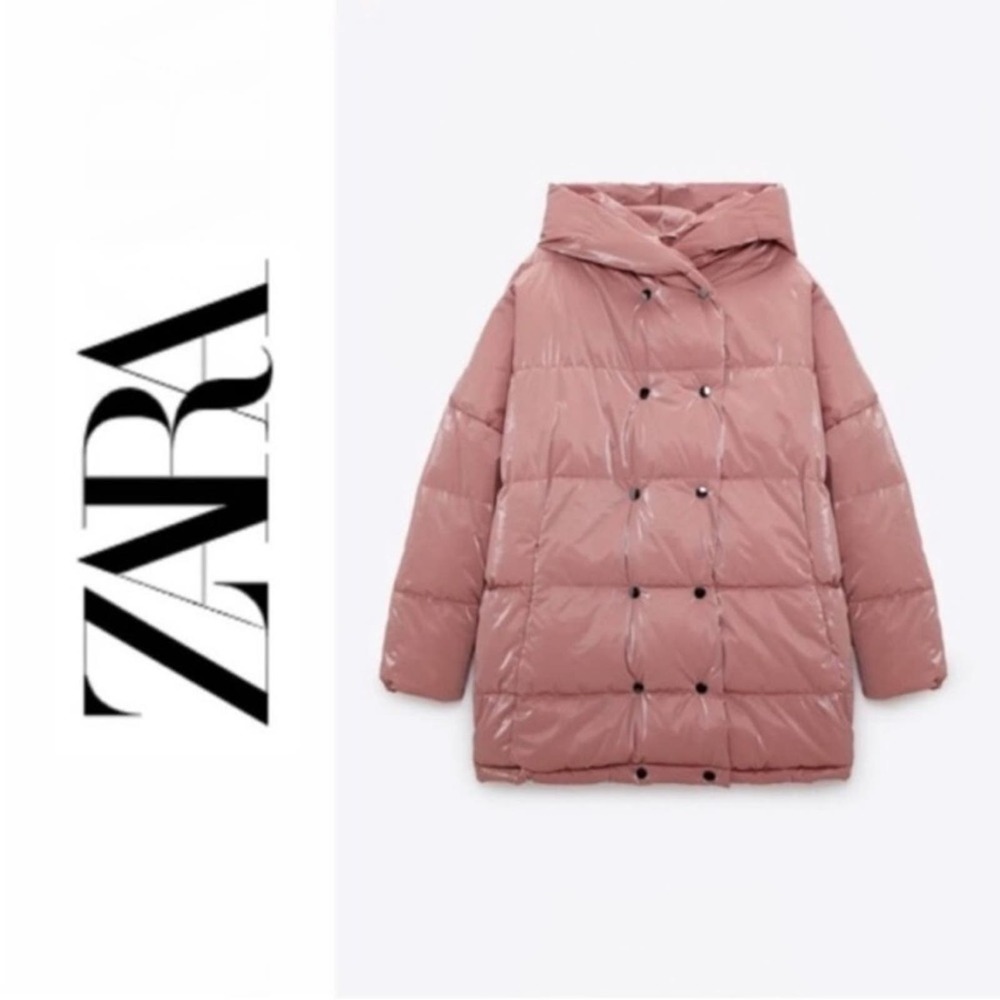 NEW With Tags Zara Dusty Pink Metallic Oversized Hooded Down Puffer Coat Medium - Picture 2 of 13